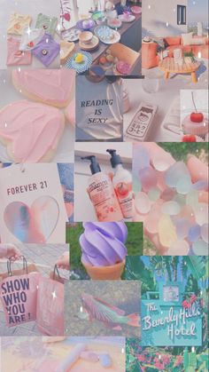 the collage shows many different items in pink and blue colors, including soaps