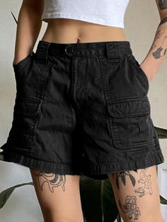 Style: Casual/Street/Hip Pop/Punk/Vintage/SweetFabric Content: Cotton. Polyester. SpandexFit Type: Regular fitDescription: Prepared some denim shorts for summer off-duty outfits. These cargo denim shorts for women are made from durable and comfortable cotton blend fabric. it has cargo-leg pockets patched. features chunky belt loops. and fastened with a button zip fly. SIZE WAIST (Inches) HIPS (Inches) Outseam (Inches) S 26.77 37.4 14.96 M 28.35 38.98 15.35 L 29.92 40.55 15.75 Punk Summer Outfits, Denim Cargo Shorts, Punk Shorts, Grunge Shorts, Black Cargo Shorts, Chunky Belt, Shorts Aesthetic, Off Duty Outfits, Fest Outfits