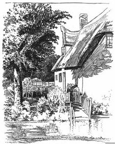 an ink drawing of a house with a thatched roof and trees in the background