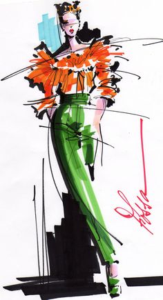 a drawing of a woman in an orange and green outfit with her hands on her hips