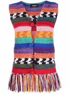 multicolour wool blend knitted construction horizontal stripe pattern fringe detailing V-neck front button fastening sleeveless Knitted Waistcoat, Fringe Vest, Crochet Buttons, Crochet Vest, Alpaca Wool, Made In, Stripes Pattern, Alpaca, Wool Blend