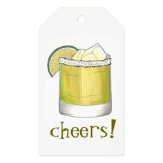 a tag that says cheers with a lemon and lime in the glass on top of it