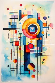 an abstract painting with many different colors and shapes on the surface, including circles and lines