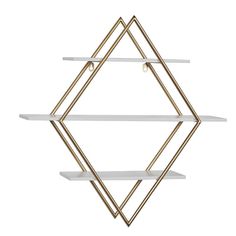 three shelves with gold and white shelvings on each shelf, one is shaped like a diamond