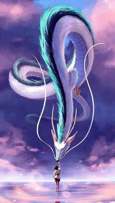 a woman standing in the water next to a large white dragon with blue hair and tail