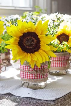 sunflowers are in mason jars with plaid ribbon around them on a kitchen table