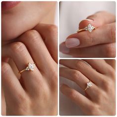 three pictures of a woman's hand with an engagement ring and diamond band on it