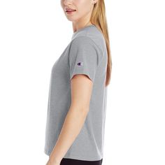 Stay comfortable in style with the Women's Cotton Classic Crewneck Logo T-Shirt from Champion. Made from breathable cotton and polyester, this soft shirt is perfect for relaxed days or workouts. At just 25' long, it moves easily yet covers enough to feel ready for anything. A subtle contrast logo on the front nods to Champion's athletic heritage while seamlessly complementing any casual outfit you pair it with. Whether you're running errands or lounging indoors, this versatile top keeps you cool Heather Grey Crew Neck Sports T-shirt, Athleisure Crew Neck T-shirt With Comfortable Fit, Comfortable Fit Athleisure Crew Neck T-shirt, Comfortable Athleisure Crew Neck T-shirt, Sporty Gray Crew Neck T-shirt, Classic Crew Neck Sports Top, Sporty Crew Neck T-shirt With Comfortable Fit, Sporty T-shirt With Comfortable Fit And Crew Neck, Heather Grey Crew Neck Sporty Top