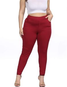 These plus size high waist skinny pants not only provide a flattering and comfortable fit, but also have functional pockets for added convenience. Made with quality materials and a stylish design, these pants are perfect for any occasion. Stay fashionable and functional with these must-have pants. 60% Rayon,35% Nylon,5% Spandex Soft Comfortable Stretch Fabric Brand Size Dress Bust Waist Hip XS 0-2 31-32.5'' 23-24'' 31-34" S 4--6 33-35'' 25-26'' 35-37" M 8--10 35-36'' 27-28'' 38-39" L 12--14 38-4 Fall Mid-rise Leggings With Pockets, Workwear Leggings With Pockets, Solid Leggings With Pockets For Work, Non-stretch Mid-rise Leggings With Pockets, Leggings With Pockets For Workwear, Straight Leg Leggings With Pockets For Fall, Casual Ankle-length Leggings With Pockets, Red Non-stretch Bottoms With Pockets, Stretch Straight Leg Leggings With Pockets