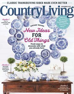 a magazine cover with blue and white plates on the table, flowers in vases