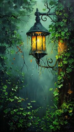 a painting of a lamp hanging from a tree in the rain with leaves on it