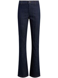 indigo blue cotton blend denim contrast stitching pintuck detailing belt loops bootcut concealed fly and button fastening Cinq A Sept, City Dress, Chanel 2, Iconic Bags, Summer Beach Wear, Flat Boots, Ballet Flat Shoes, Pin Tucks, Pump Sandals