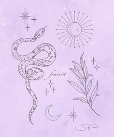 a drawing of a snake with stars and moon in the background