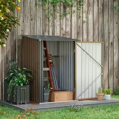 an outdoor storage shed with plants in it