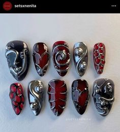 Cool Goth Nails, Chrome Goth Nails, Red And Silver Chrome Nails, Red Black Chrome Nails, Black Red Nail Art, Silver Red Nails, Nail Art Black And Red, Red Black And Silver Nails, Y2k Nails Red