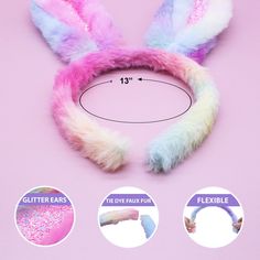 the bunny ears are colored pink, white and blue with glitter on it's ears