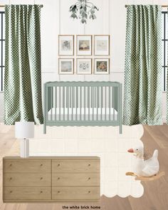 a baby's room with green curtains and pictures on the wall