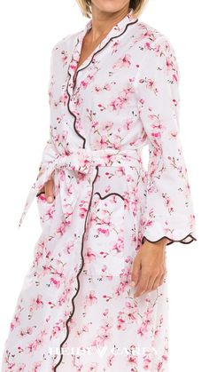 Fully hand scalloped in a sophisticated chocolate trim , made with lightweight cotton to anticipate the warming weather it will be your new favorite robe. On colder days layer my cherry blossom pj's to match and keep extra warm! Spring Floral Embroidered Sleepwear For Loungewear, White Floral Print Sleepwear For Spring, Spring Floral Print Sleepwear For Sleepovers, Floral Spring Sleepwear For Sleepovers, Spring Sleep Robe With Kimono Sleeves, Spring Floral Print Pink Sleepwear, Spring Pink Floral Print Sleepwear, Floral Print Long Sleeve Sleep Kimono, Pink Sleepwear With Kimono Sleeves For Spring