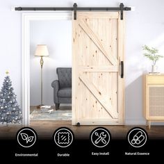 an open sliding barn door with instructions on how to install the hardware and trims