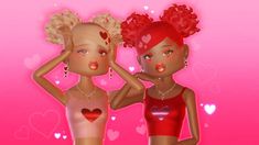 two women with red hair are standing next to each other in front of pink hearts