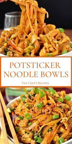 two plates filled with noodles and vegetables on top of each other, the title reads potsticker noodle bowls