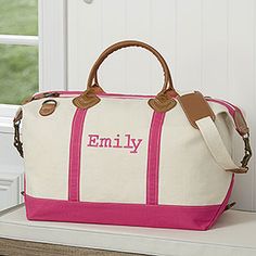 Luxurious Weekender Embroidered Canvas Duffel- Pink Pink Canvas Tote Bag, Hang Bag, Canvas Duffel Bag, Sleepover Bag, Canvas Duffle Bag, Pink Towels, Personalized Luggage, Embroidered Canvas, Thread Colors