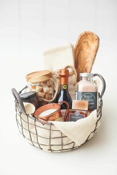 there are two pictures with different items in the same basket and on the other side is an assortment of kitchen utensils