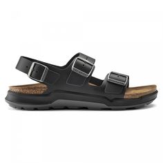 The BIRKENSTOCK Milano is the classic backstrap sandal. This version pairs iconic Birkenstock features including oiled leather uppers, buckle closures and suede footbed liners with direct-injection outdoor-ready outsoles for increased traction and durability. Anatomically shaped cork-latex footbed Upper: oiled nubuck leather Footbed lining: Suede Sole: PU Details: Two straps, each with an individually adjustable metal pin buckle; ankle strap Made in Germany 1018426 Black Birkenstock, European Shoes, Rugged Men, Calf Muscles, Black Oil, Zermatt, Birkenstock Milano, Fade To Black, Khaki Color