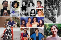 a collage of people and their bikes in black and white photos, with one woman smiling at the camera