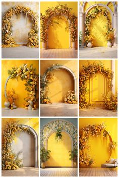 a series of photos showing different arches and doors