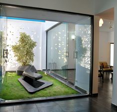 an indoor living area with grass and plants