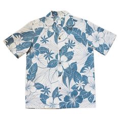 Haven Blue Hawaiian Cotton Shirt - Made in Hawaii Hawaiian Shirt Wedding, Blue Hawaiian Shirt, Tropical Leaves And Flowers, Hawaiian Travel, White Hibiscus, Blue Hibiscus, Blue Hawaiian, Honolulu Hawaii, Hawaiian Shirts