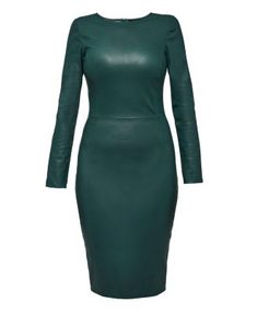 About The Brand:Featuring our ultra-slimming stretch leather, this form-fitting bodycon dress will hug & flatter your curves in all the right places. The minimalist elegance of this dress makes it the perfect choice for any occasion where you want an extra boost of sexy confidence.Our commitment to sustainability: We are plastic free. As by Df packaging is made from 100% recycled materials and is 100% biodegradable.FitThis style runs fitted, please choose your normal sizeTight, bodycon fitMidi lengthCenter back zipperModel is 5-11 and is wearing a Us size S Fabric 100% Leather CareDry clean by leather professional only Chic Fitted Bodycon Dress For Business, Chic Leather Bodycon Dress, Sleek Backless Bodycon Dress, Sleek Fall Workwear Bodycon Dress, Sleek Formal Bodycon Dress, Elegant Leather Office Dress, Sleek Bodycon Dress, Fitted Leather Sheath Dress, Fitted Leather Dress For Office