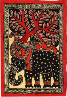 an elephant with trees on it's back is depicted in this hand painted painting