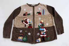 a brown sweater with santa clause on it and christmas decorations hanging from the chest,