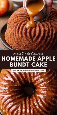 homemade apple bundt cake with caramel sauce being drizzled on top