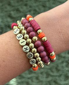 Set of four Virginia Tech inspired bracelets. Bracelets measure 7", if you need a different size please message me! Virginia Tech Bracelet, Tech Bracelet, Inspired Bracelets, Clay Bead, Virginia Tech, Bracelet Ideas, Team Name, Houston Texans, Clay Beads