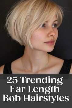 Discover trendy ear length short bob hairstyles that are perfect for a stylish and low-maintenance look. Get inspired by these chic and versatile cuts! Functional Hairstyles, Short Hair Ear Length, Short Hair Chin Length, Hair Chin Length, Ear Length Bob, Poofy Hair, Short Bobs With Bangs, Chin Length Haircuts, Short Blonde Bobs