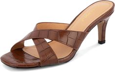 These chestnut brown sandals feature an open toe criss cross design, and a kitten heel for a touch of elegance. The sandals provide ultimate comfort and support with a lightweight construction and memory foam insole. They are the perfect combination of fashion and comfort. Rubber sole Platform measures approximately 1.50" Platform Sandals - Wedge heel height is approximately 4.15 inches - Platform height is approximately 1.5 inches. The upper of the wedge sandal is made of carefully selected sof Brown Cross Strap Heels For Summer, Brown Sandals With Wrapped Low Heel, Brown Low Heel Sandals With Wrapped Heel, Brown Cross Strap Sandals For Spring, Chic Brown Cross Strap Sandals, Brown Synthetic Sandals With Cross Strap, Brown Synthetic Cross Strap Sandals, Open Toe Kitten Heels With 4-inch Heel, Leather Kitten Heels With Reinforced Heel, Open Toe