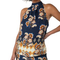 New With Tags Make A Statement In This Mock Neck Tank Offering A Sleek And Sophisticated Look. Showcasing A Unique Floral Border Print, This Top Is Perfect For Brunch Or Special Occasions. Pair It With Denim Or Make It A Set With The Matching Pant! Details: 24-1/2" Hps (High Point Shoulder) Sleeveless Mock Neck With Button Back Closure Liverpool Exclusive Print Model Is 5'9'' Wearing A Small Composition: 100% Polyester Care Instruction: Turn Inside Out Machine Wash Cold With Like Colors Gentle C Blue Floral Print Halter Top, Sleeveless Rayon Top For Work, Casual Halter Neck Top For Work, Mock Neck Tank Top, Liverpool Jeans, Mock Neck Tank, Border Print, Print Models, Floral Border