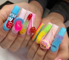 Nail Designs Gummy Bear, Acrylic Nails With Gummy Bears, Acrylic Nails With Gummy Bear Charms, Colorful Gummy Bear Nails, Food Nails, Cuticle Softener, 3d Sculpting