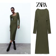 Army Green Color Ribbed Sweater Side Cutouts On Both Sides Of Dress Long Sleeves Low Neckline Zara Casual Ribbed Sweater Dress, Casual Zara Ribbed Sweater Dress, Casual Ribbed Zara Sweater Dress, Zara Ribbed Sweater Dress For Spring, Zara Ribbed Midi Dress For Fall, Zara Ribbed Midi Dress For Spring, Zara Long Sleeve Ribbed Dress, Zara Ribbed Dresses For Fall, Cape Dress Long