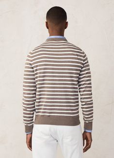 - Jumper in cotton and silk fabric.  - Crew neck.  - Horizontal striped print.  - Ribbed detail on neck, cuffs and hem.  - FAÇONNABLE logo label on side seam. Cotton Sweatshirt With Contrast Stripes And Crew Neck, Cotton Crew Neck Sweatshirt With Contrast Stripes, Cotton Sweater With Contrast Stripes In Relaxed Fit, Relaxed Fit Cotton Sweater With Contrast Stripes, Classic Crew Neck Top With Striped Hem, Classic Striped Sweater With Ribbed Collar, Cotton Crew Neck Sweatshirt With Striped Cuffs, Striped Cotton Sweater With Ribbed Collar, Classic Striped Tops With Ribbed Cuffs