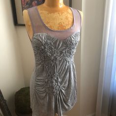 To Come. Fitted Gray Tank Top For Spring, Gray Stretch Summer Blouse, Stretch Summer Blouse In Gray, Gray Stretch Blouse For Summer, Stretch Gray Summer Blouse, Feminine Fitted Sleeveless Tank Top, Fitted Sleeveless Dresses For Layering, Sleeveless Party Tank Top, Elegant Sleeveless Gray Tops