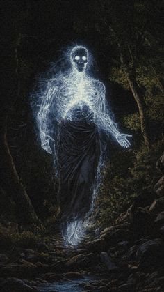 a painting of a man in the woods with light painted on his body and head