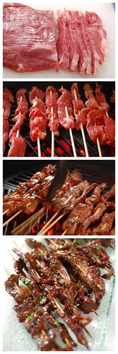 different types of meat being cooked on the grill