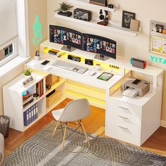 a computer desk with two computers on top of it next to a chair and window