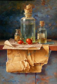 an oil painting of tomatoes and other items on a piece of paper with writing underneath