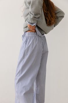 The Pop Pant is crafted from 100% cotton poplin. A year round closet staple, featuring a wide leg fit, customizable rise and drawcord waist. Made in Los Angeles Striped Wide Leg Pants With Elastic Waistband For Work, Pinstripe Wide-leg Bottoms With Relaxed Fit, Pinstripe Wide Leg Bottoms With Relaxed Fit, Striped Cotton Wide Leg Ankle-length Pants, Pinstripe Wide Leg Cotton Bottoms, Striped Cotton Wide Leg Pants, Wide Leg Pinstripe Cotton Pants, Spring Striped Cotton Wide Leg Pants, Casual Ankle-length Wide Leg Pants With Vertical Stripes