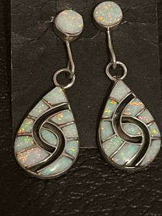 "1.75\" long" Handmade Opal Earrings In Silver, Unique Silver Earrings With Inlay, Sterling Silver Inlay Drop Earrings, Sterling Silver Drop Earrings With Inlay, Silver Dangle Opal Earrings, Silver Opal Dangle Earrings, Collectible Silver Opal Jewelry, Silver Opal Jewelry For Collectors, Sterling Silver Inlay Earrings